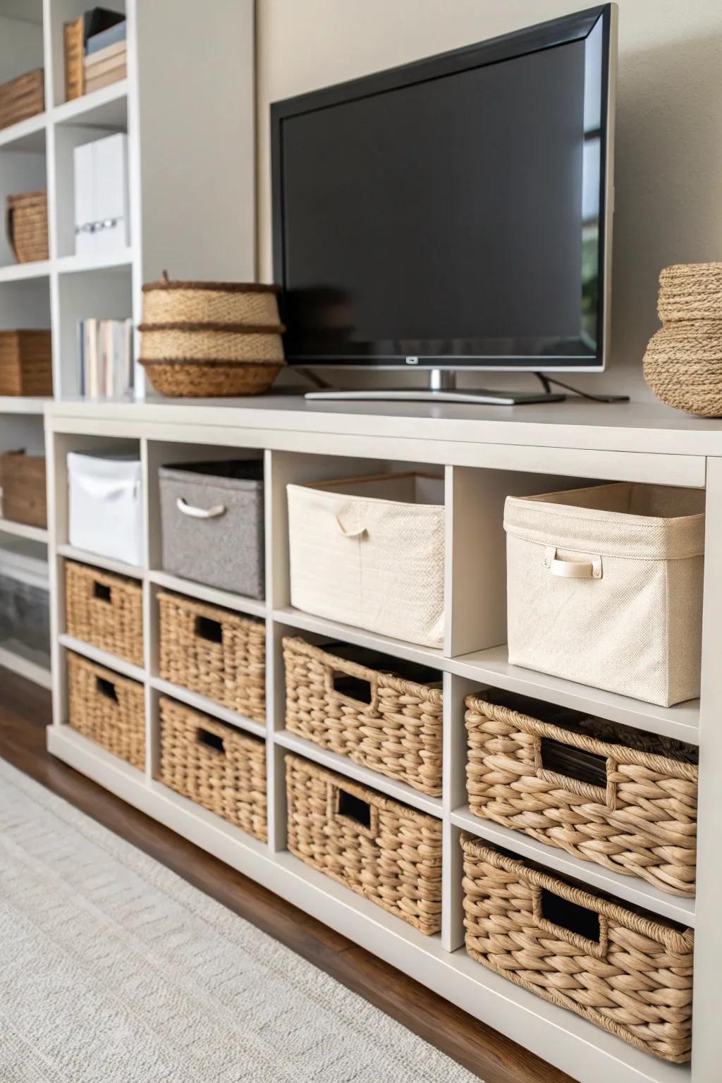 Wicker baskets and bins add charm and order to your TV stand.