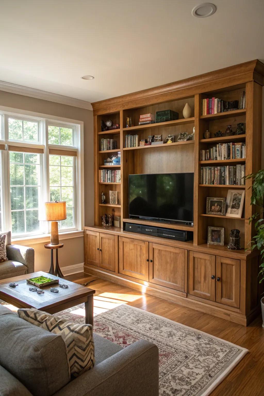 Built-in shelving incorporates charm and utility to your TV area.