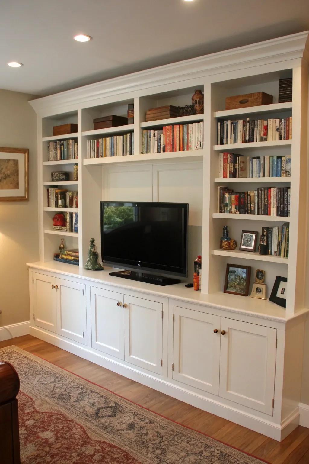 Built-in shelving provides a sleek and organized look.