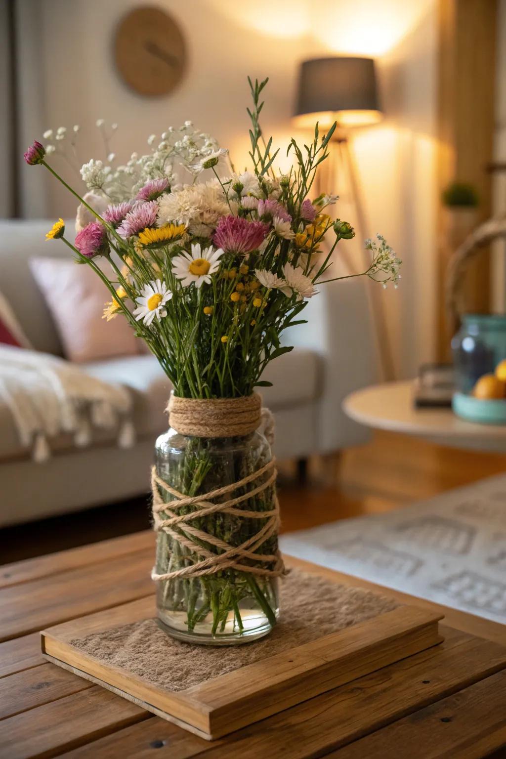 A woodsy branch-wrapped jar showcasing wildflowers for a natural element.