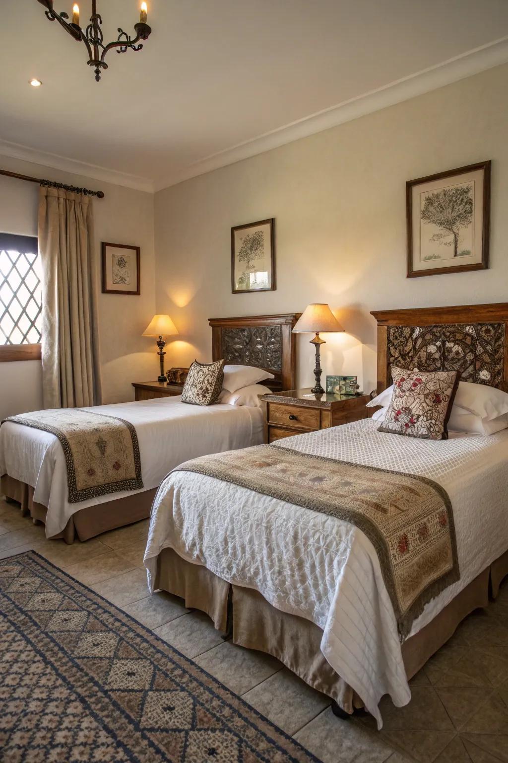 Identical twin beds bring about a sense of harmony in a bedroom’s layout and design.