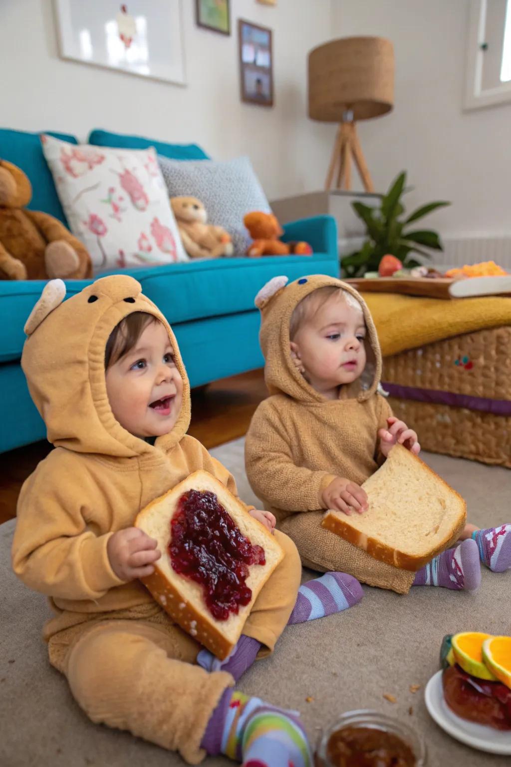 Sweet and appetizing: twins as 'Nutty Spread' and 'Jelly Treat' sandwiches.