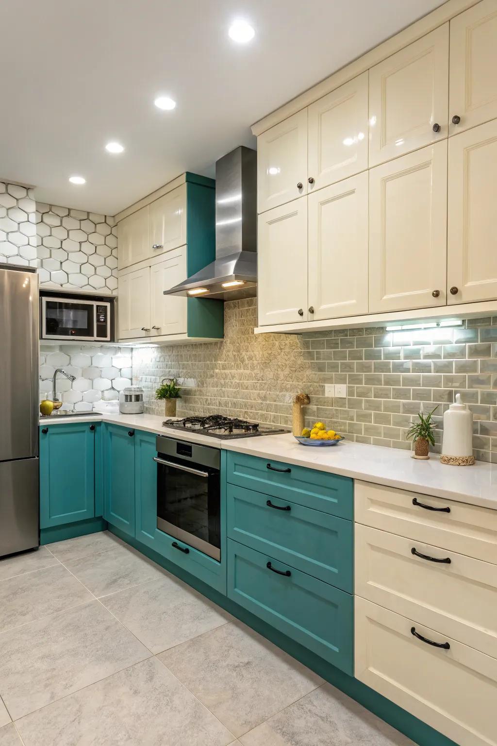 A kitchen showcasing a vibrant color contrast through the use of dual backsplashes.