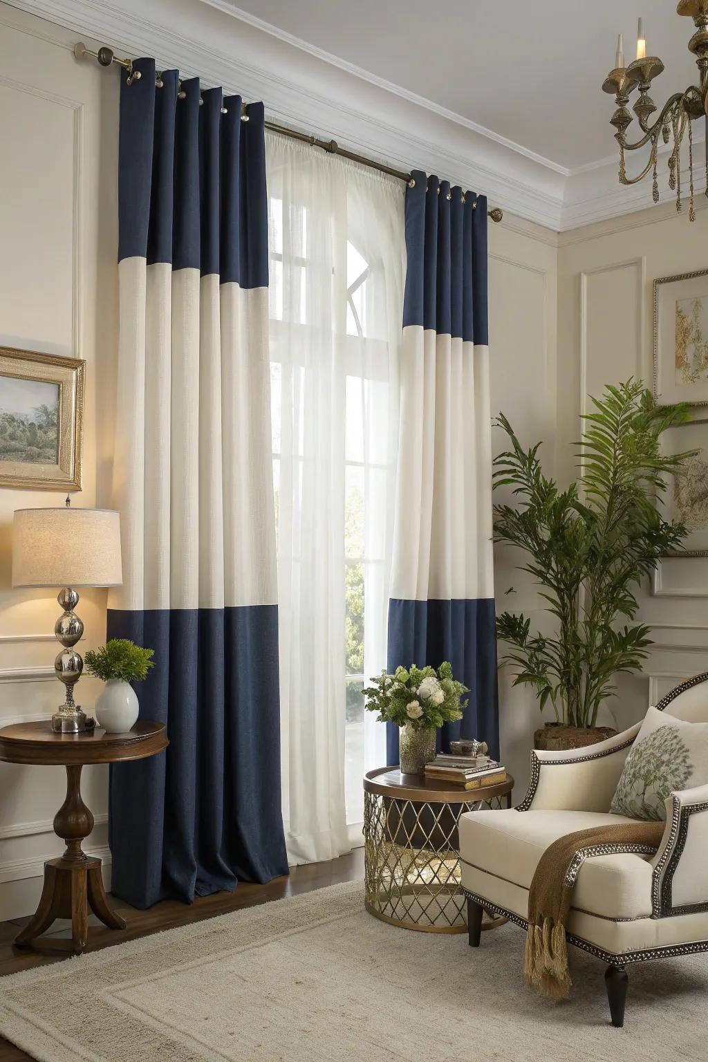 Deep blue and white drapes creating a striking impression in a contemporary living area.