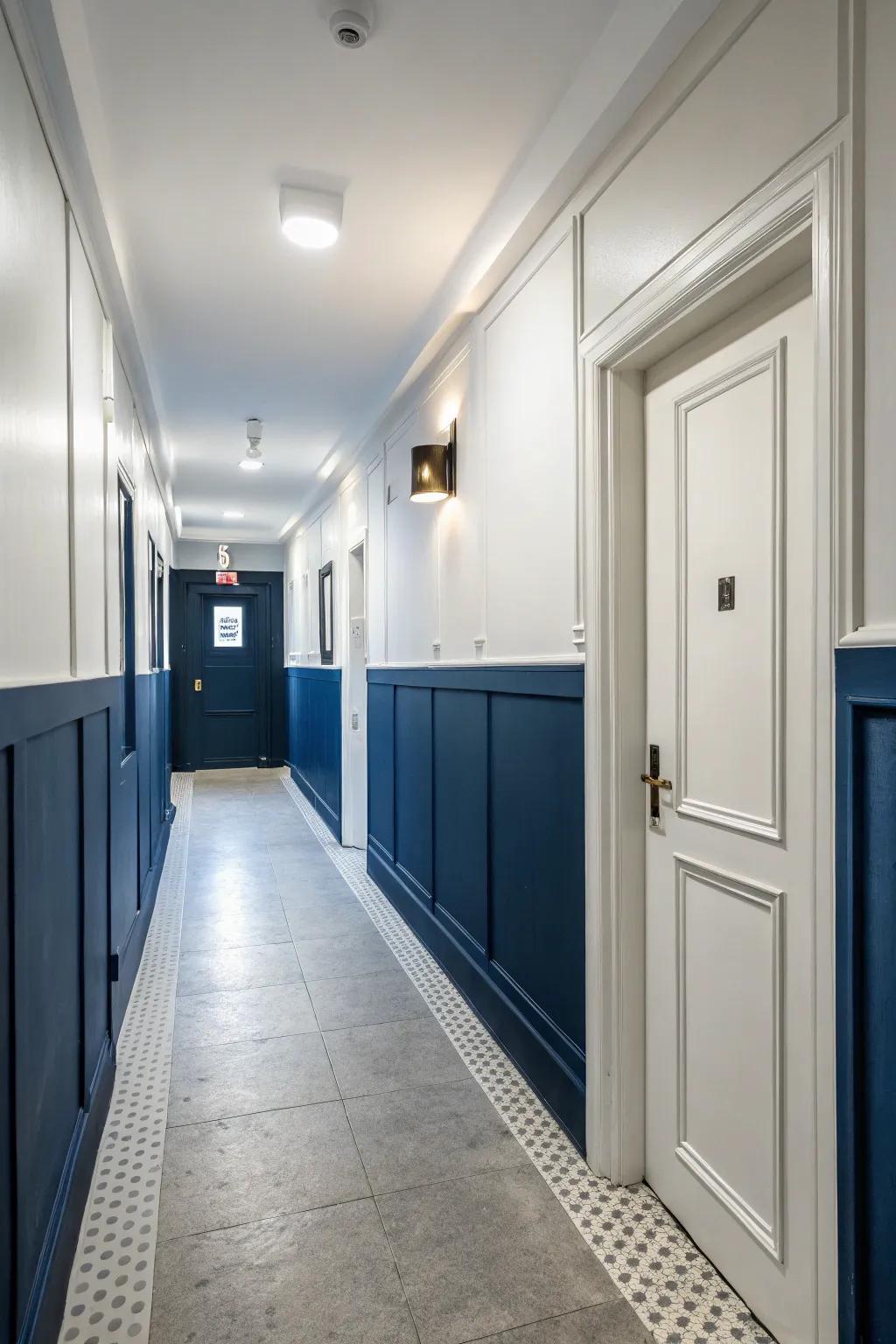 Walls painted in two tones of deep blue and white, creating a bold visual impact.