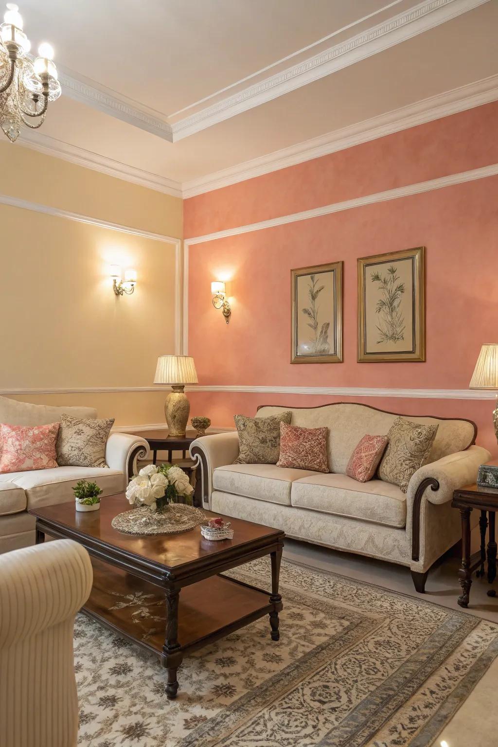 Apricot and ecru blend to create a cozy elegance in this living room.