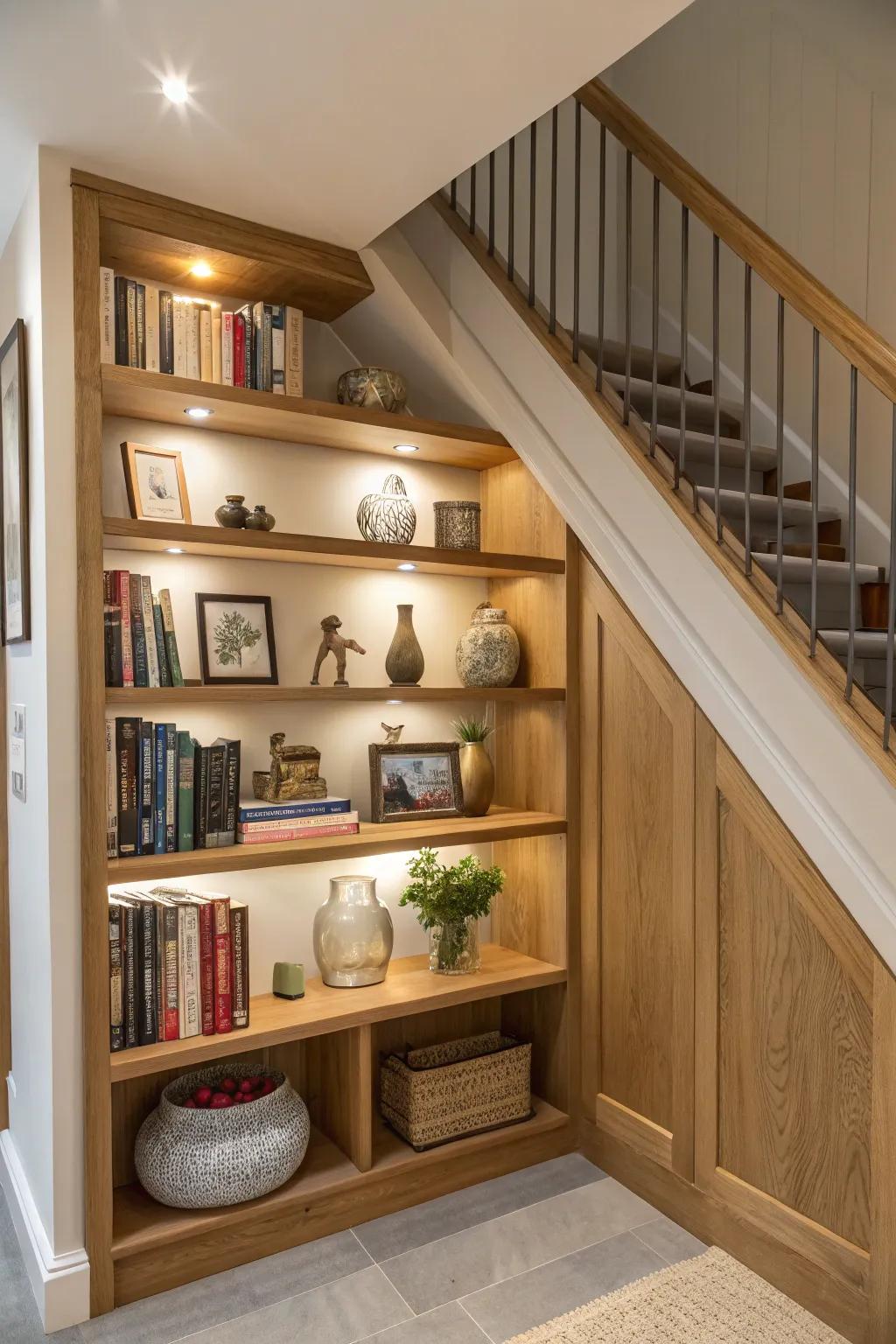 Bespoke shelving turns under stairs space into an organized haven.