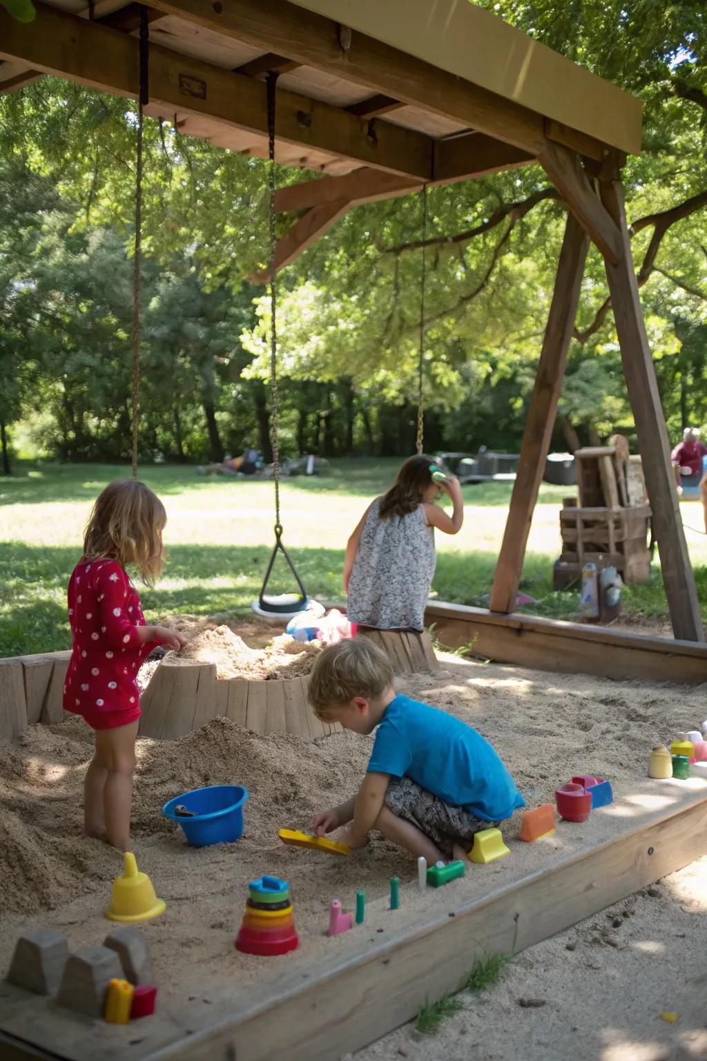 A simple sandbox transforms the space into a creative play zone.