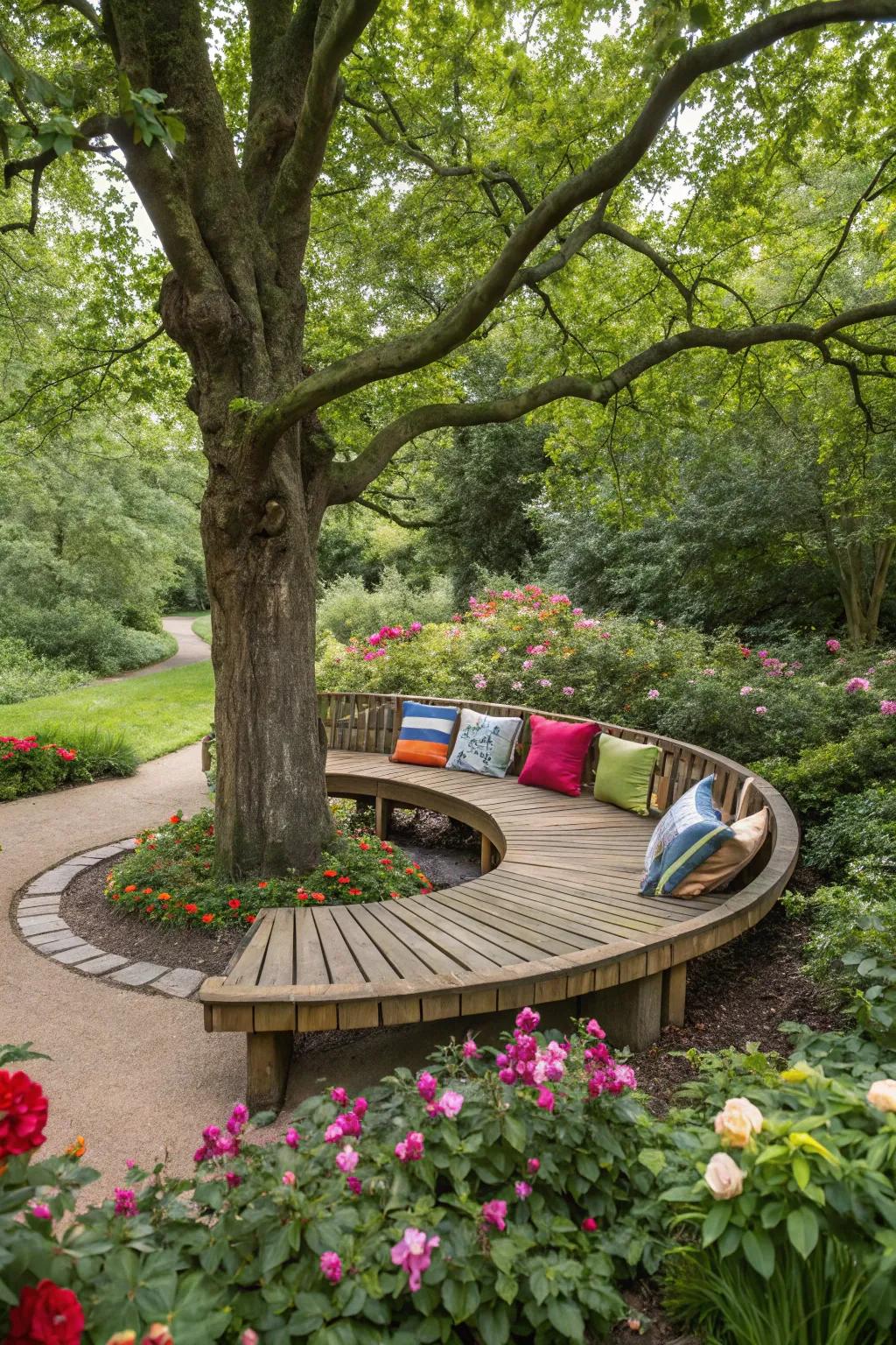 A wooden bench embraces the tree, tempting you to relax and relish the companionship.