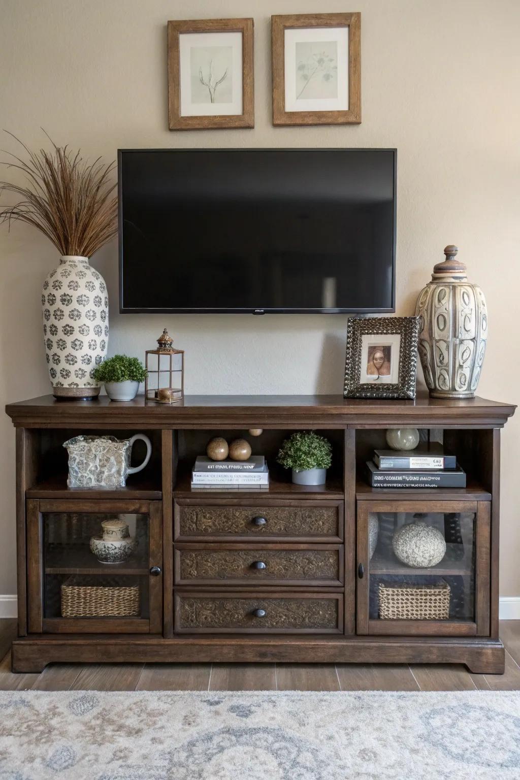 A timeless media center offers style and function underneath your mounted television.