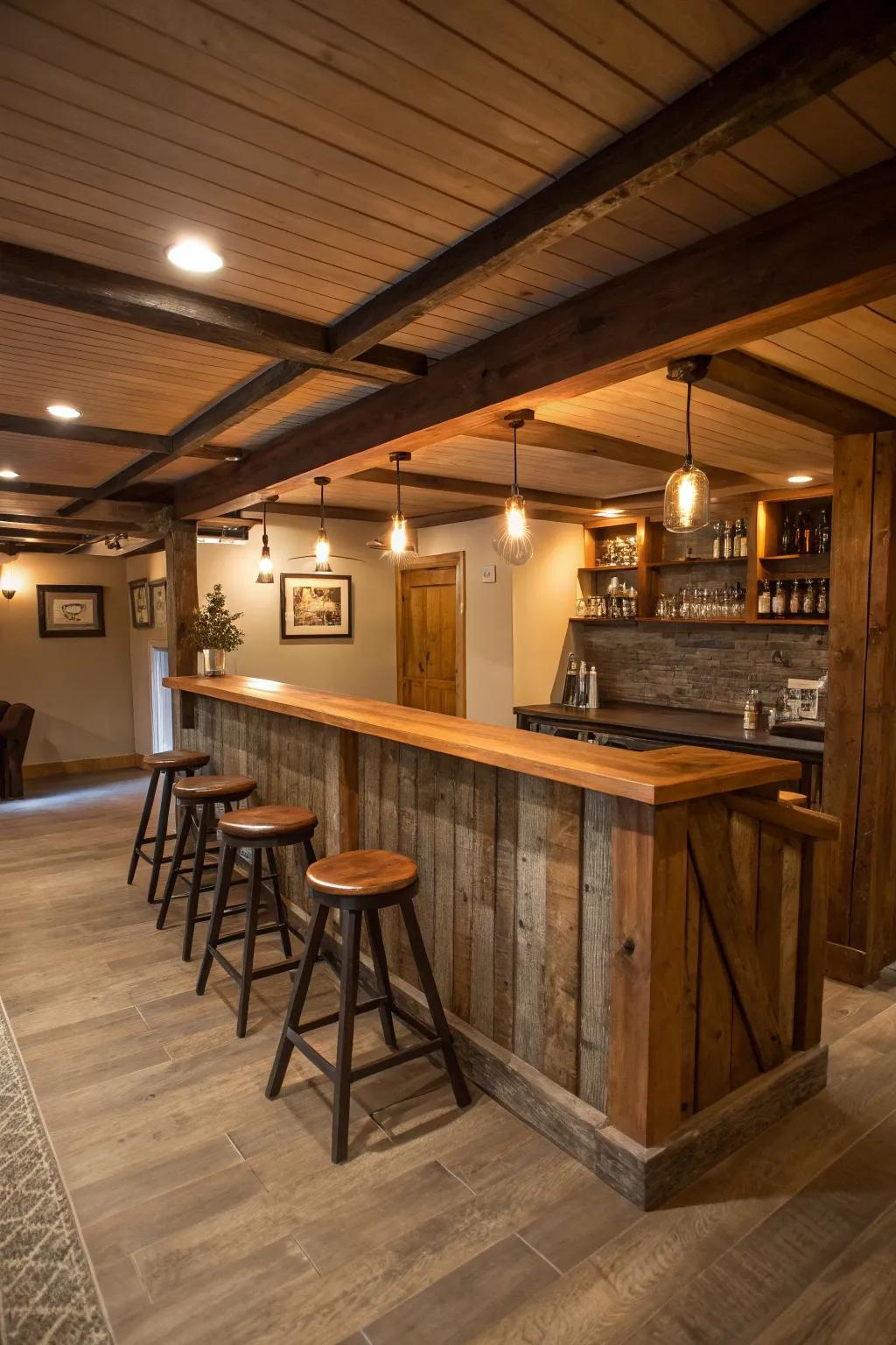 Using raw timber elements, create a cozy, attractive basement bar.