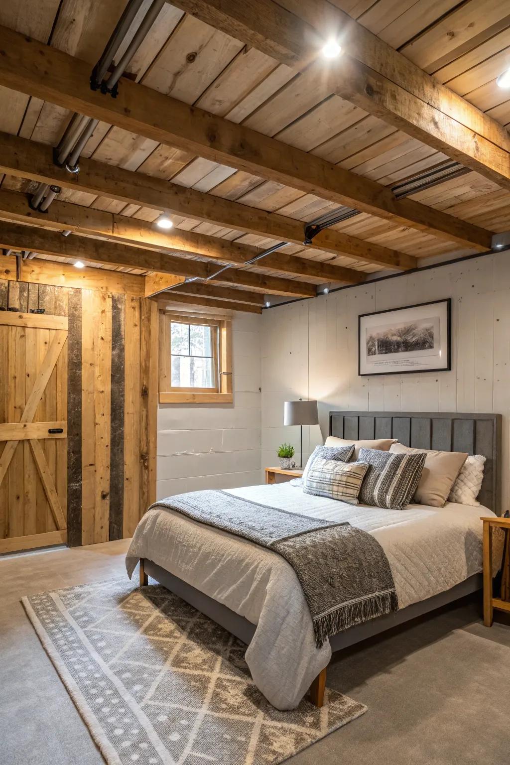 Exposed beams can add a touch of rustic charm to your basement bedroom.