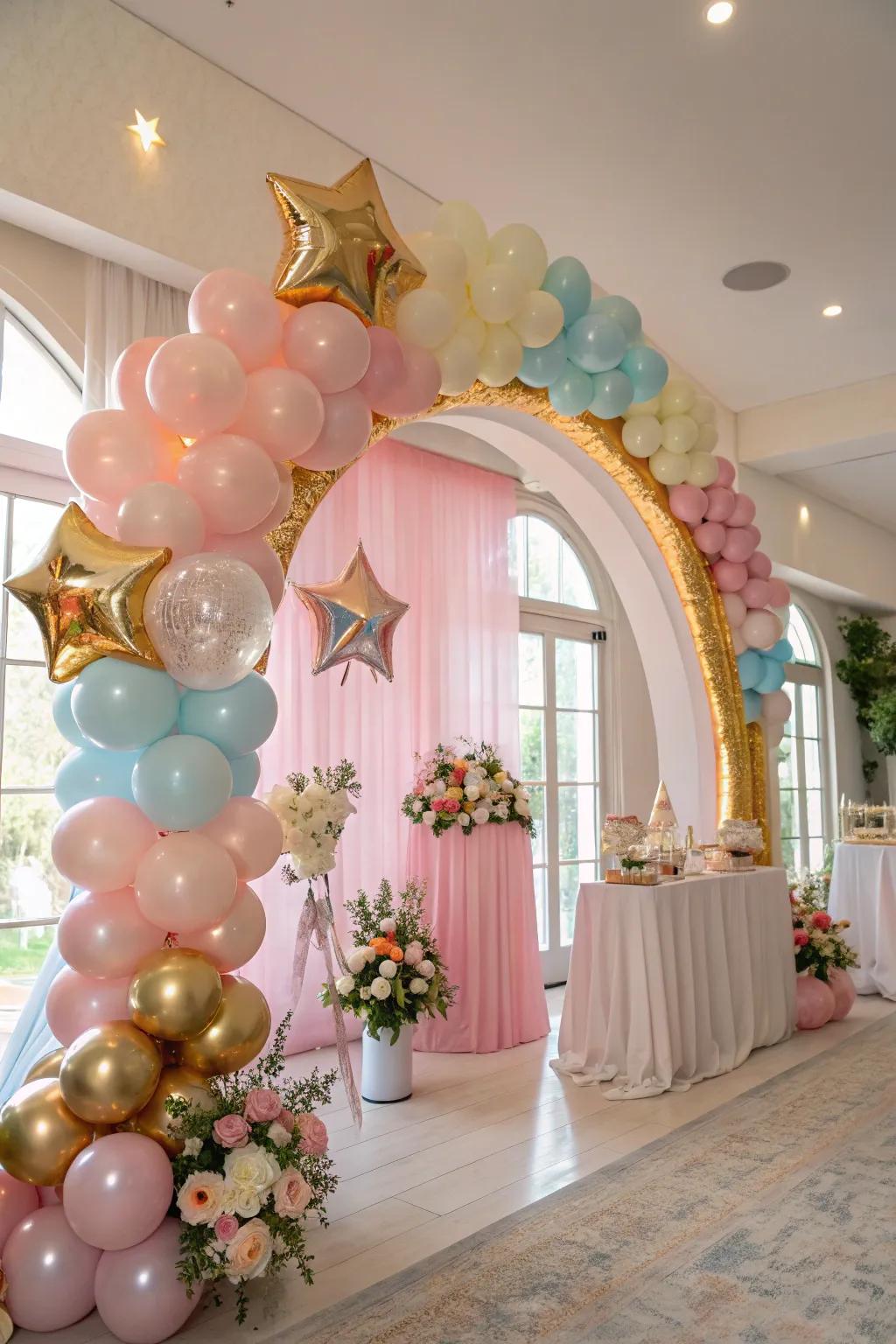 A captivating balloon arch showcasing shimmering details and stellar shapes for a heavenly vibe.