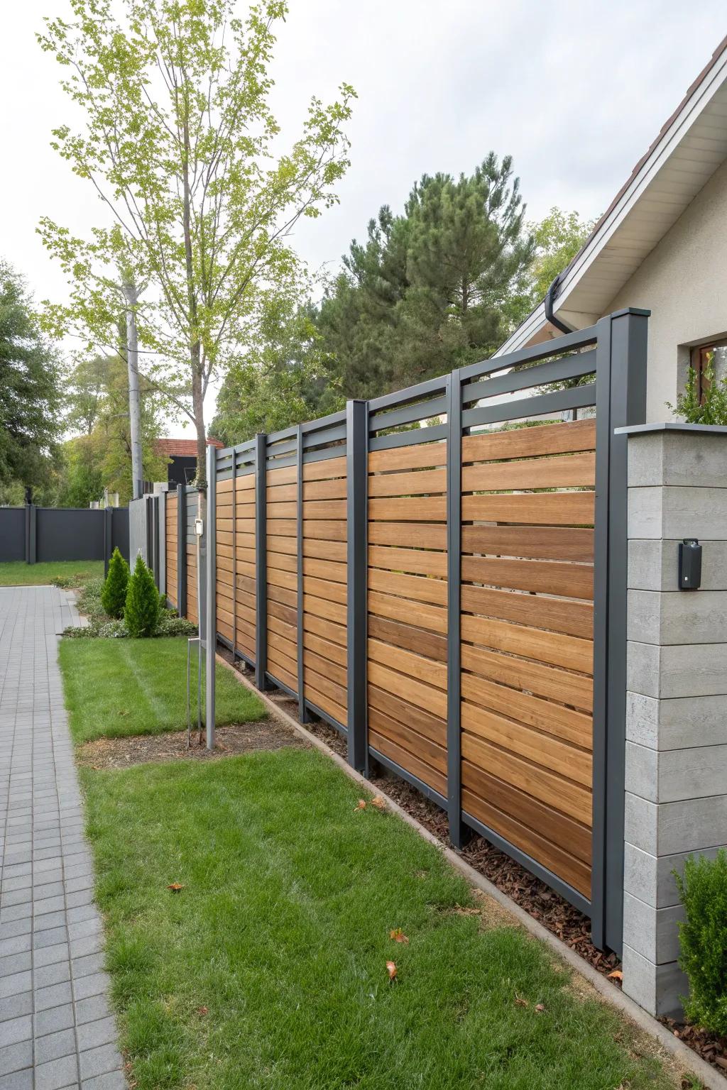 A chic fence combining metal and wood for a modern touch.