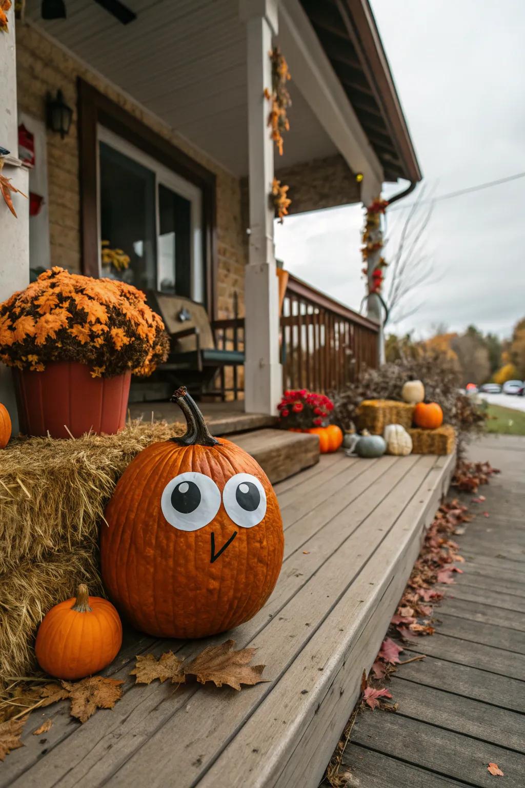 A pumpkin with googly eyes bringing a dash of humor to the fall setting.