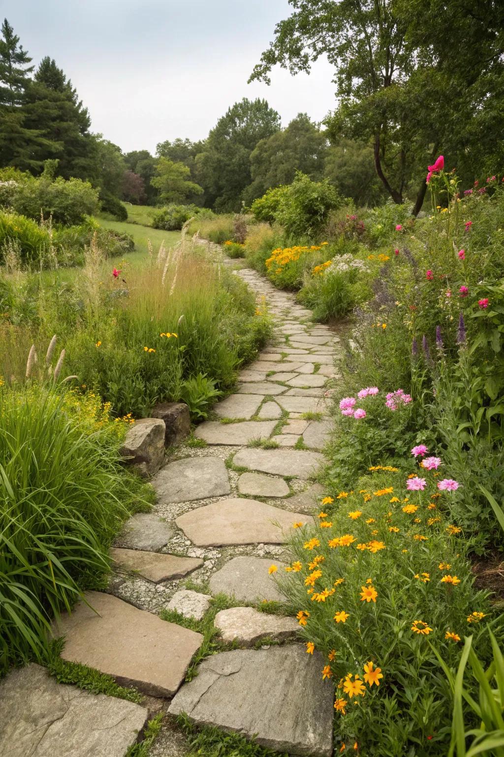 Paths made of irregular stones merge smoothly into nature, adding a dash of rustic sophistication.