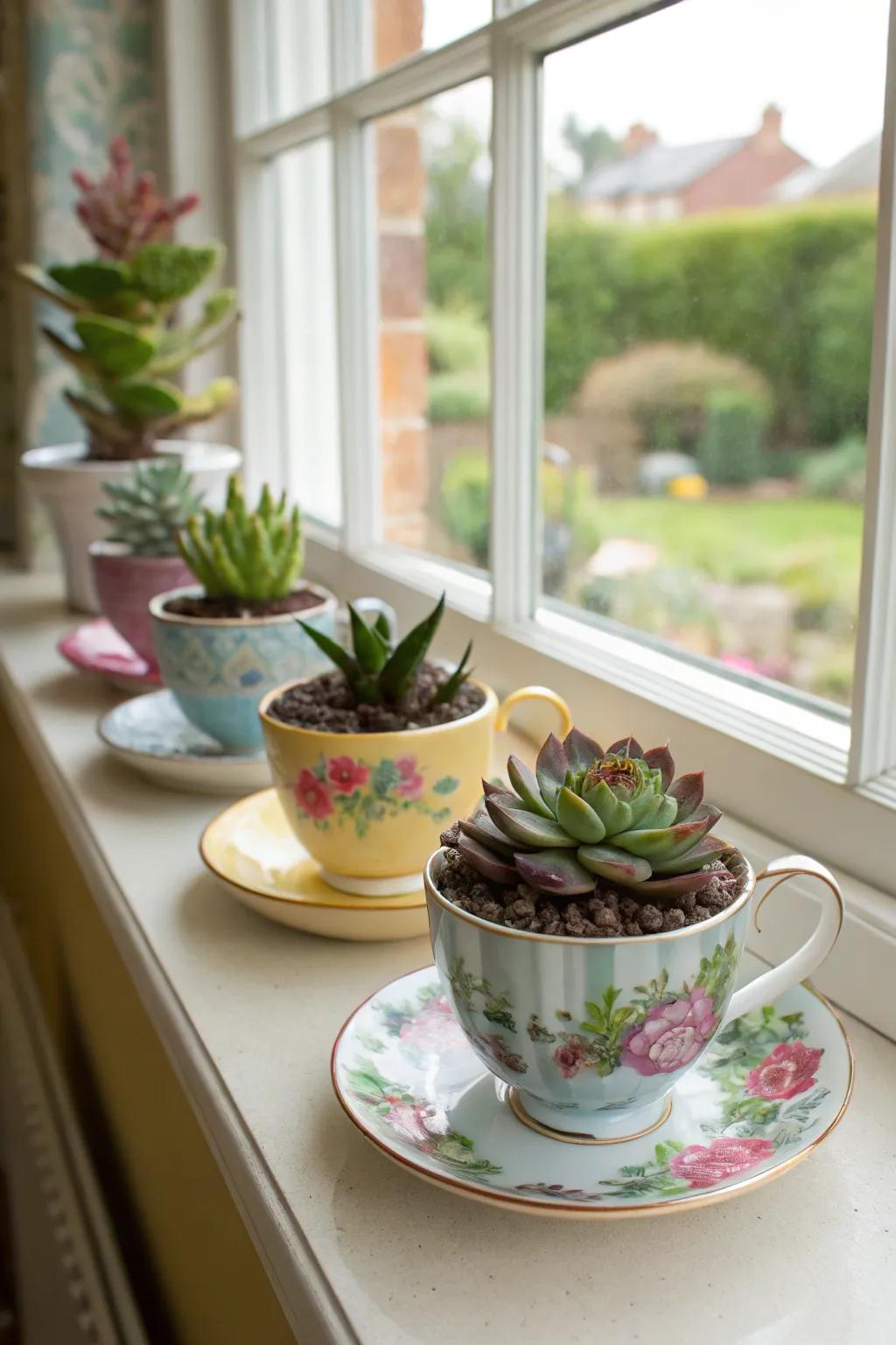 Classic teacups converted into charming succulent planters, introducing vibrant hues and a sense of nostalgia.