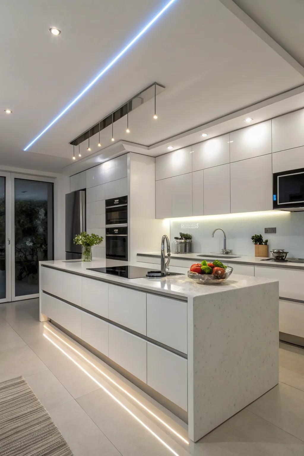 Delicate LED strip lighting accentuates the modern kitchen's ambiance.