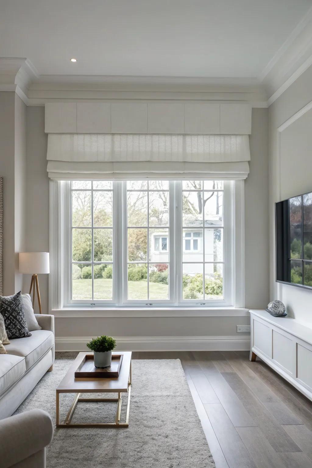 A minimalist window featuring a sleek white valance in a contemporary living space.