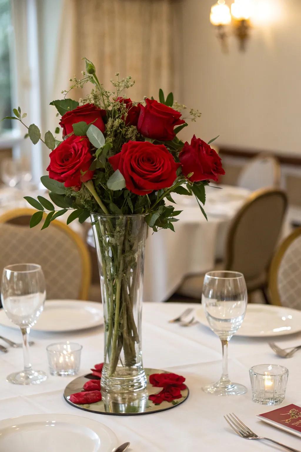 Classic crimson roses in a crystal display craft a timeless centerpiece.