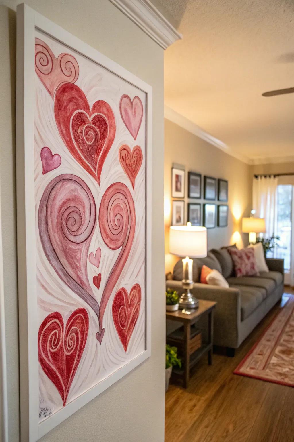 Swirling heart forms using tinted techniques evoke a romantic atmosphere.