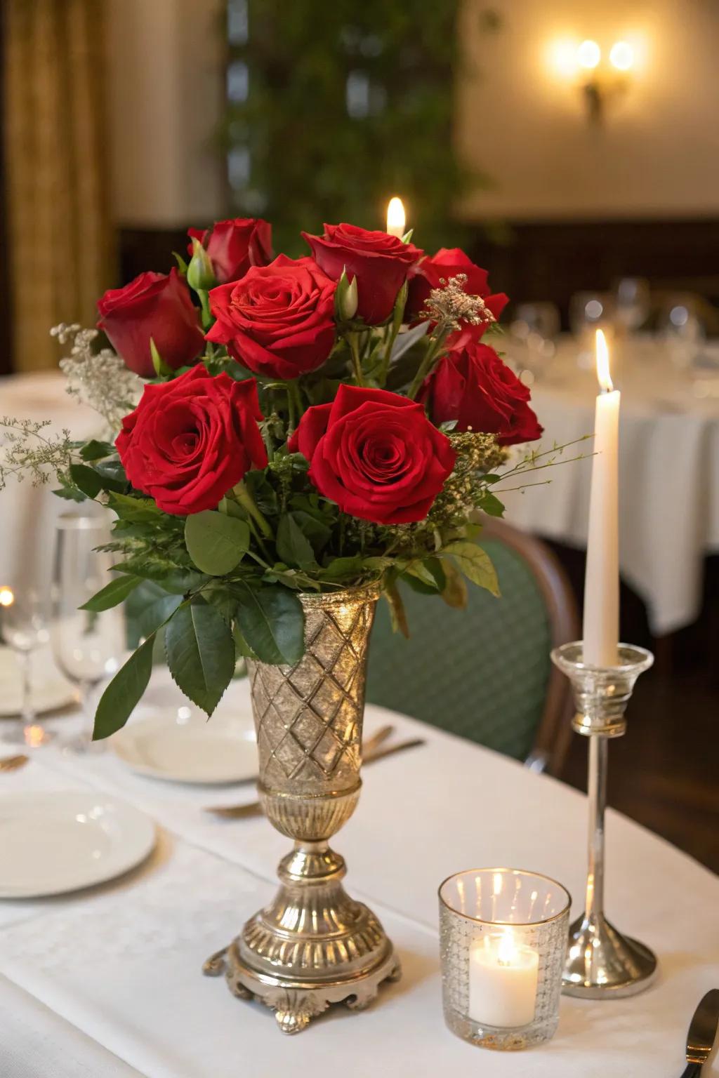 Elegant bouquet of classic red roses as a centerpiece.