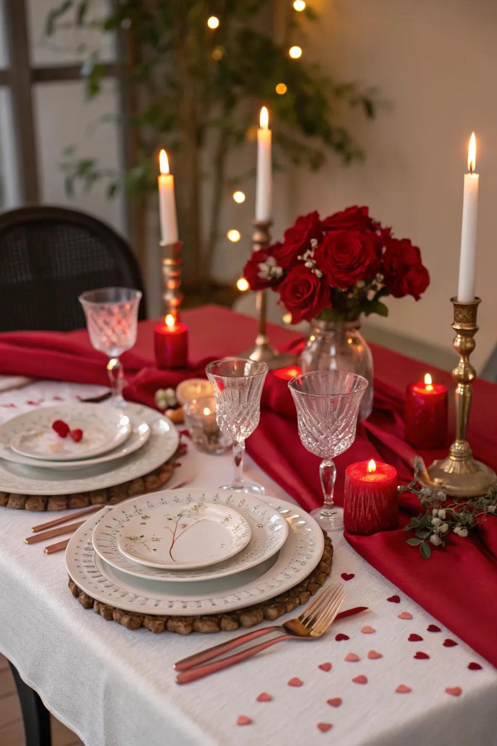 A romantic dinner table setting perfect for Valentine's Day.