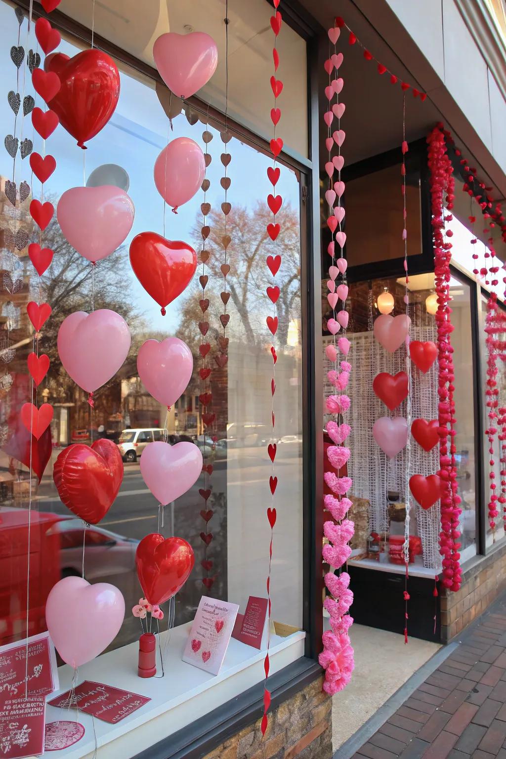 A store window beautifully decorated with an array of heart-shaped ornaments for Valentine's Day.