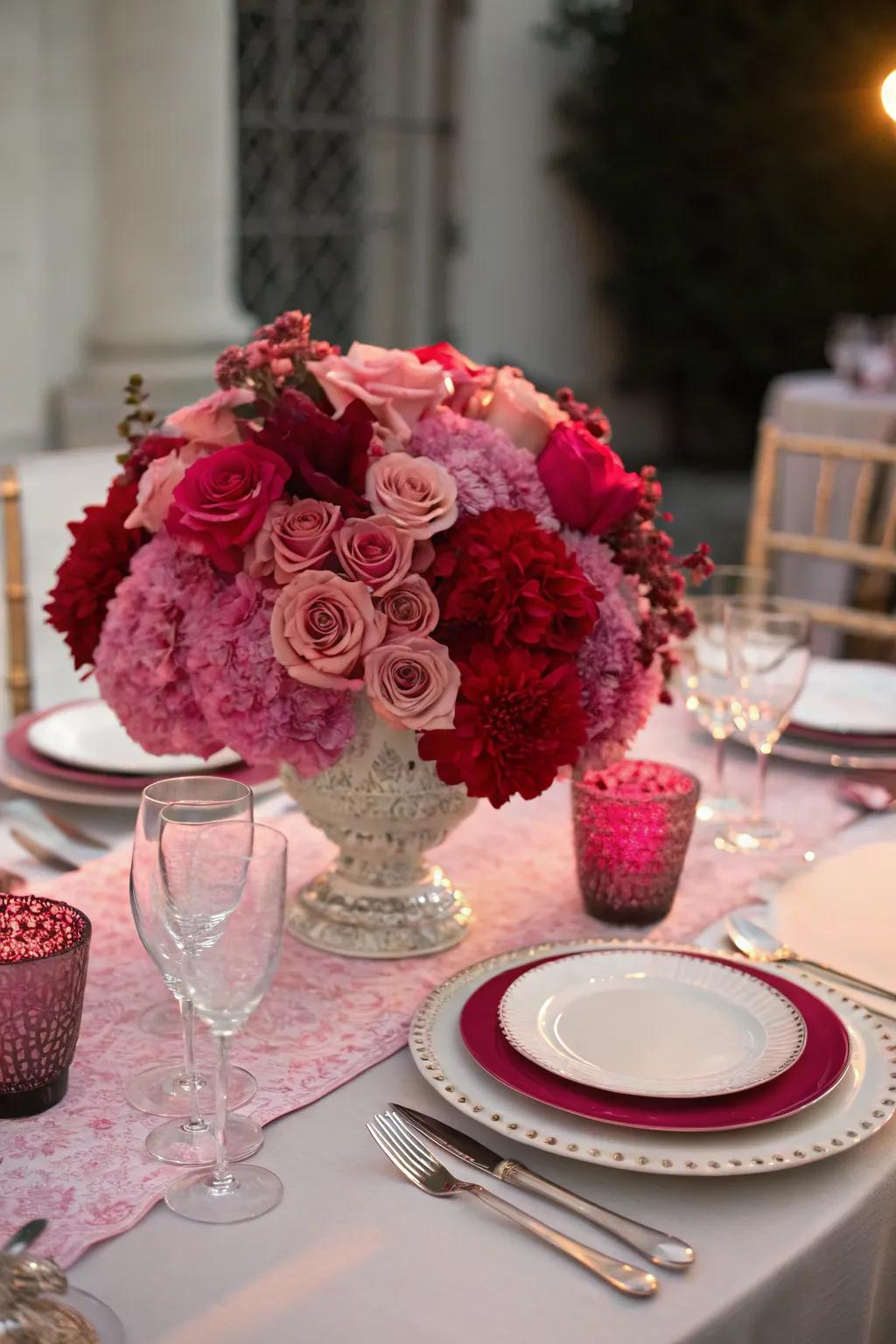 A stunning gradient flower display creating a romantic dinner atmosphere.