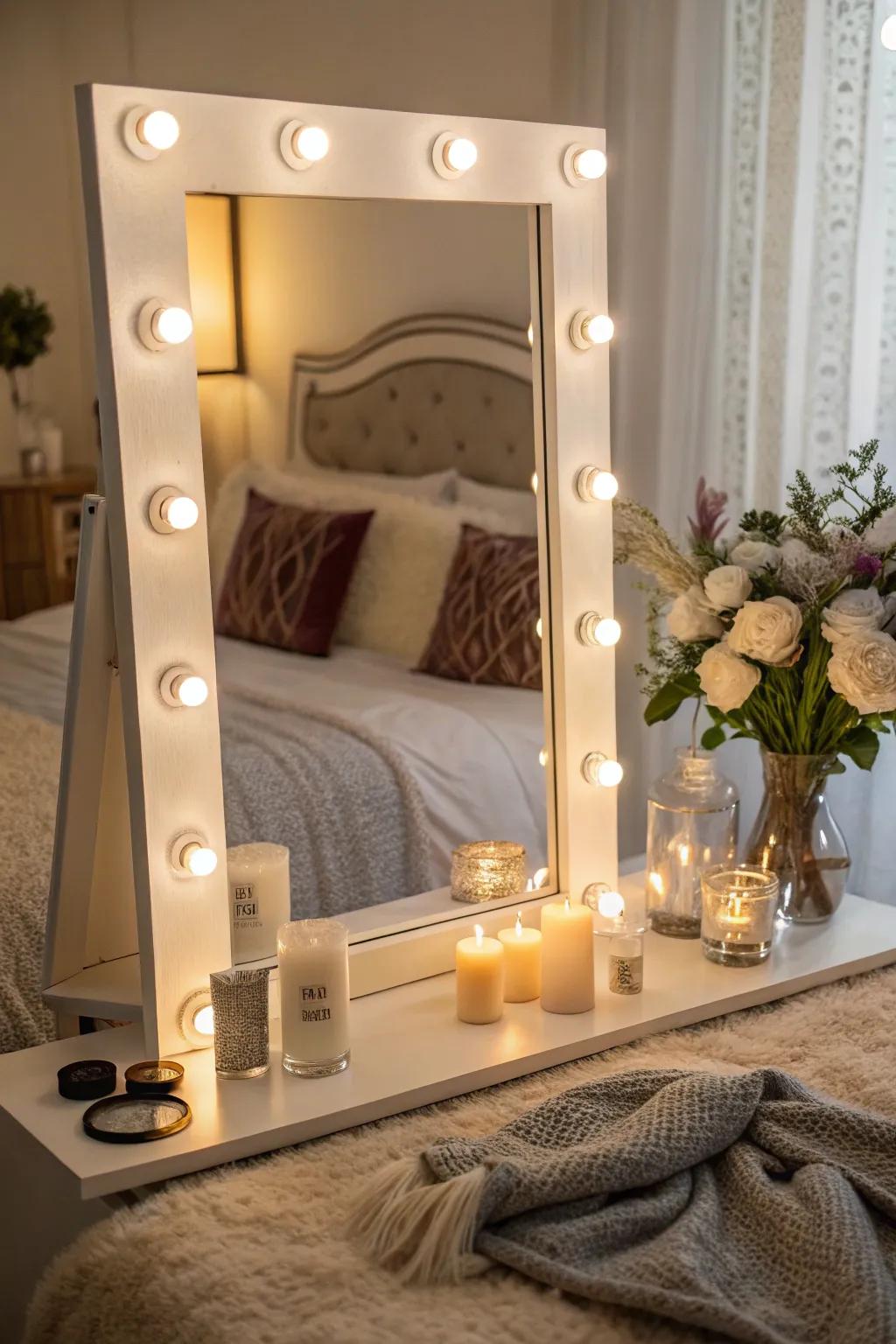 A brightly lit vanity mirror ideal for applying makeup.
