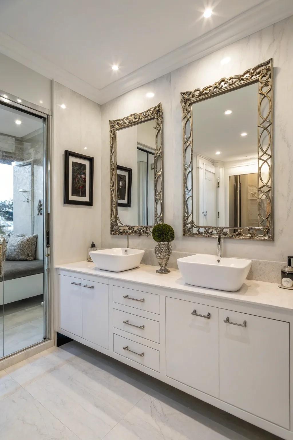 A chic bathroom vanity with double sinks and ample storage.