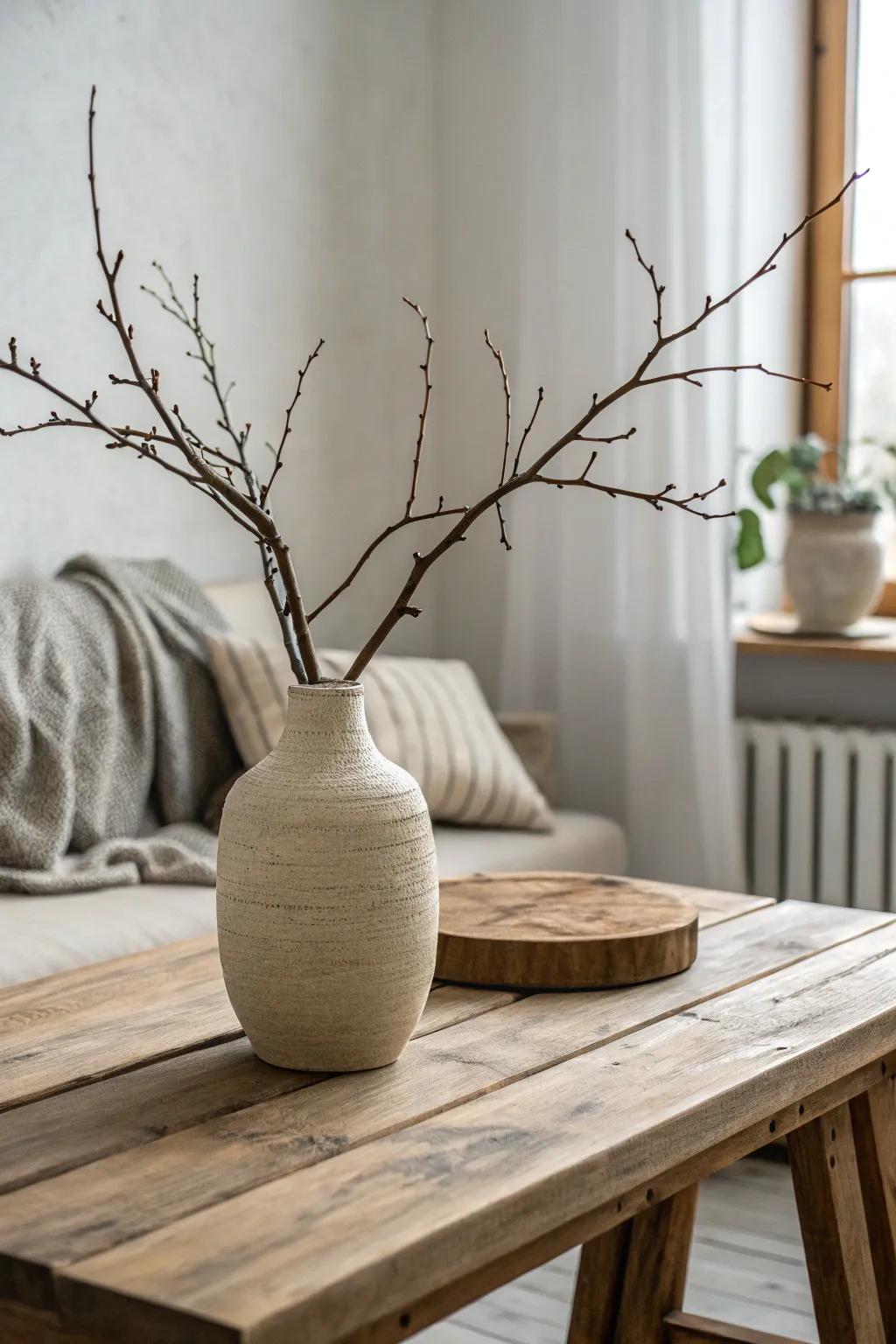 A minimalist vase with a solitary branch crafts a serene ambiance.