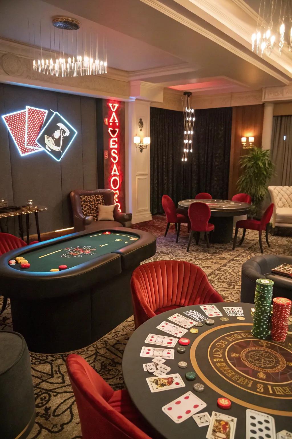 Transform your space into a casino with gaming tables and playing cards.