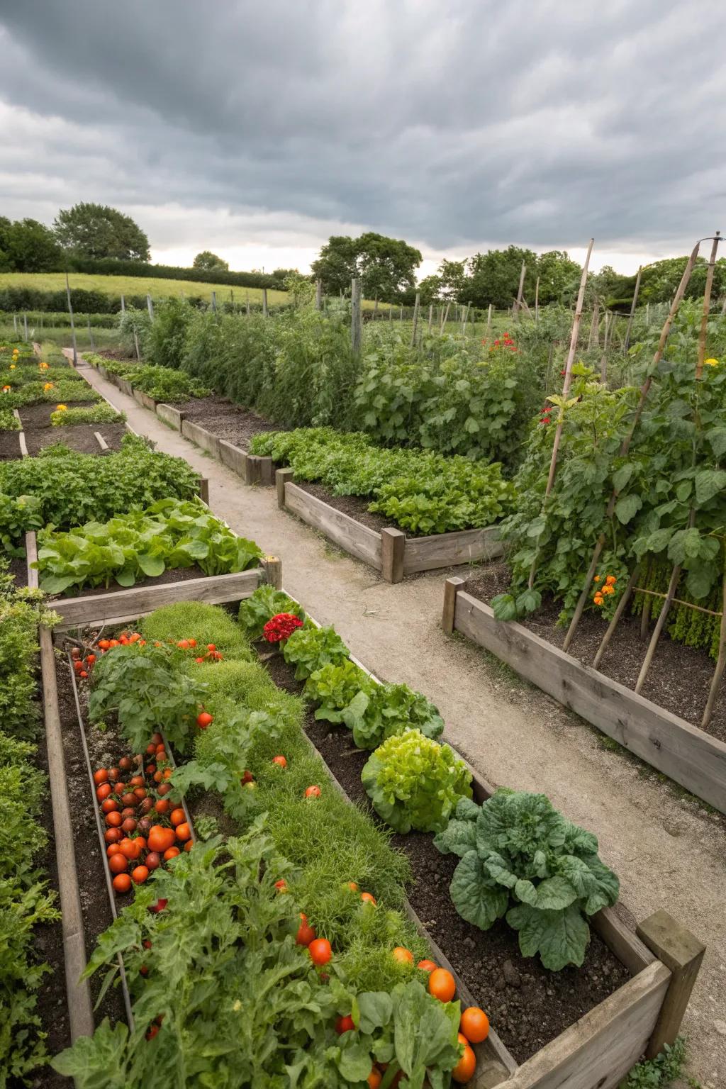 Raised beds filled with thriving vegetables offer both structure and productivity.