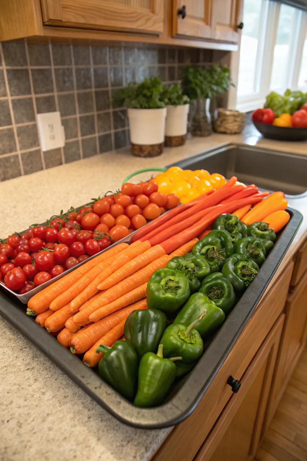 A vegetable arrangement presented in a spectrum of rainbow shades.