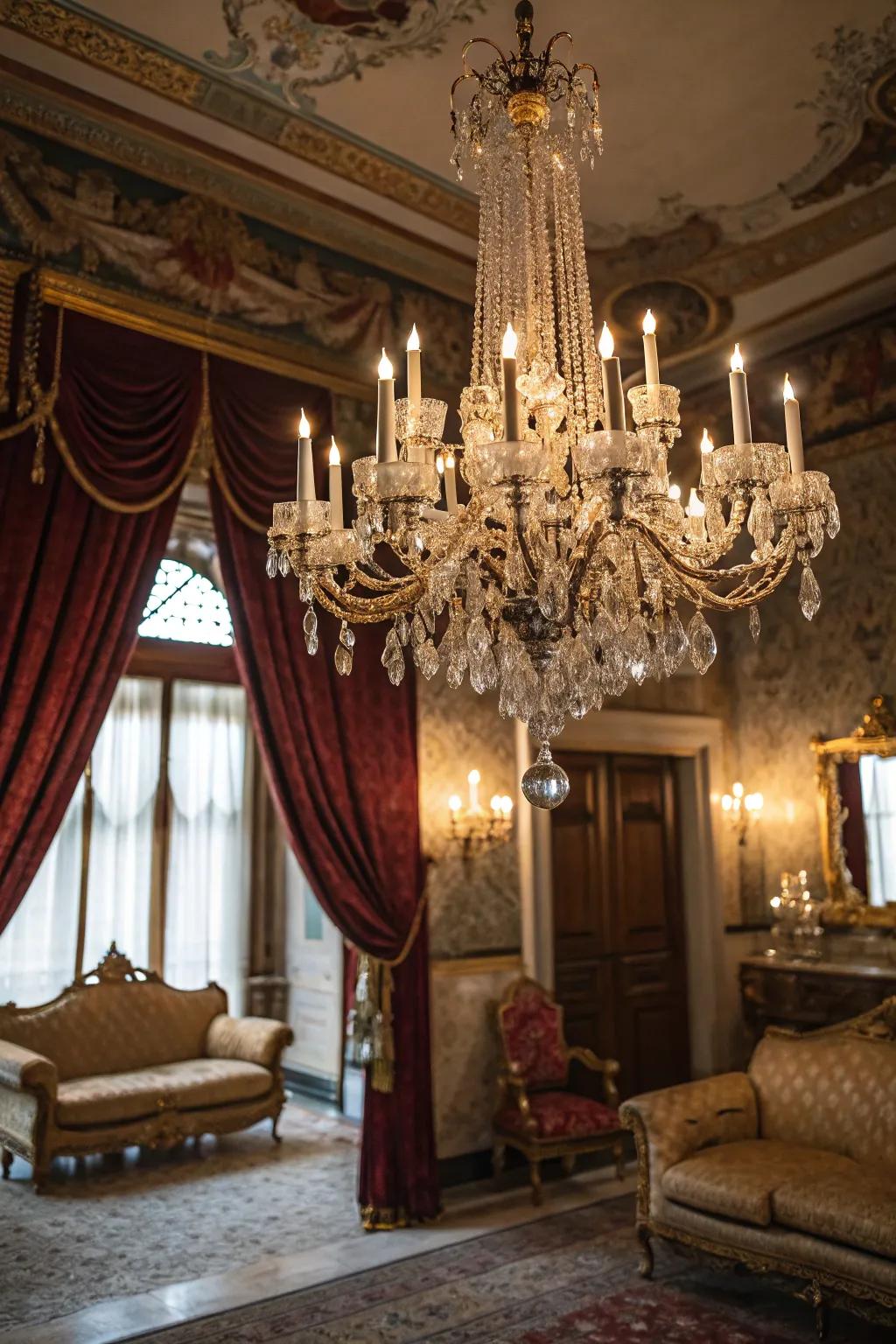 An ornate Venetian chandelier transforms this elegant living space.