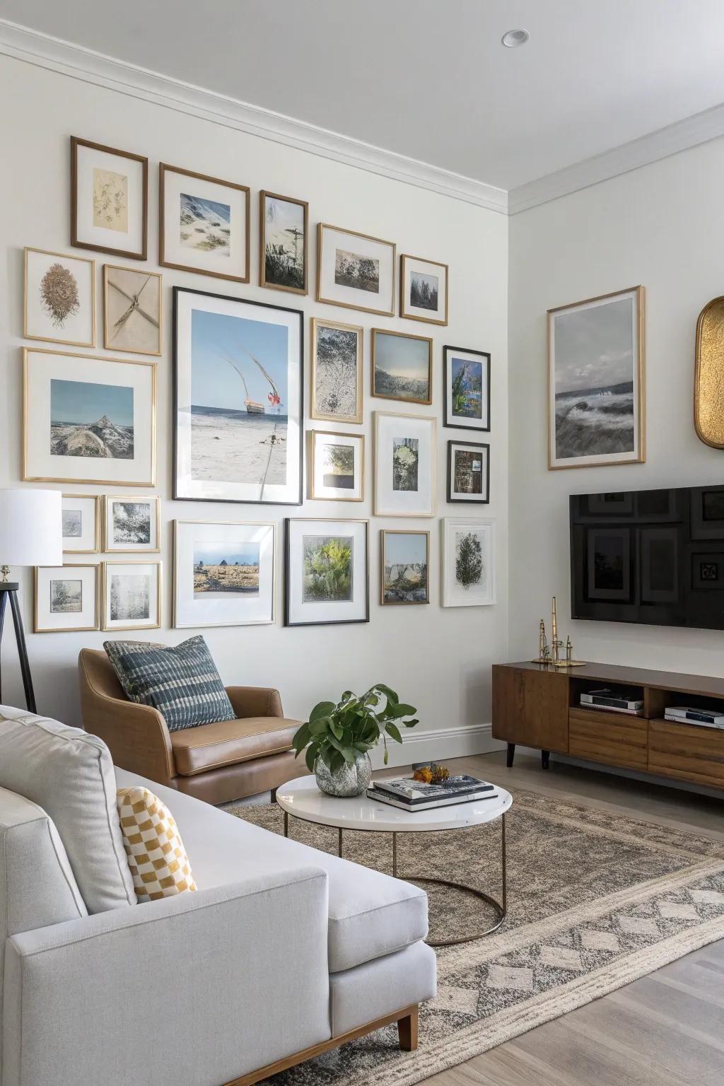 A gallery wall featuring diverse frame sizes for an appealing aesthetic