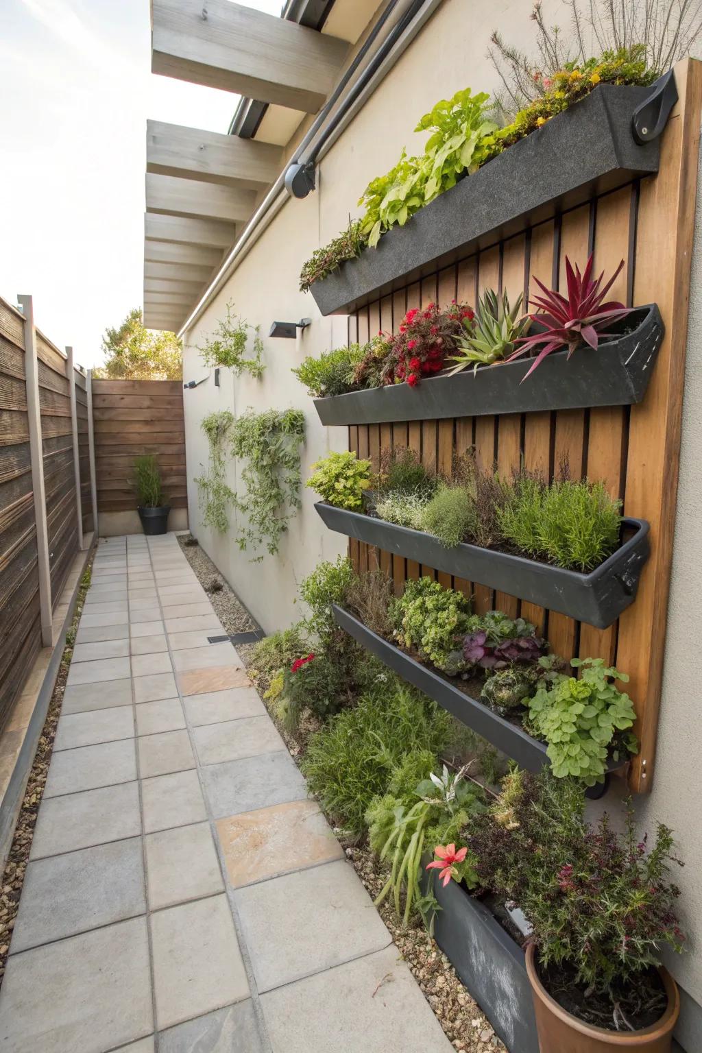 Upright gardens bursting with herbs and succulents on a patio wall.