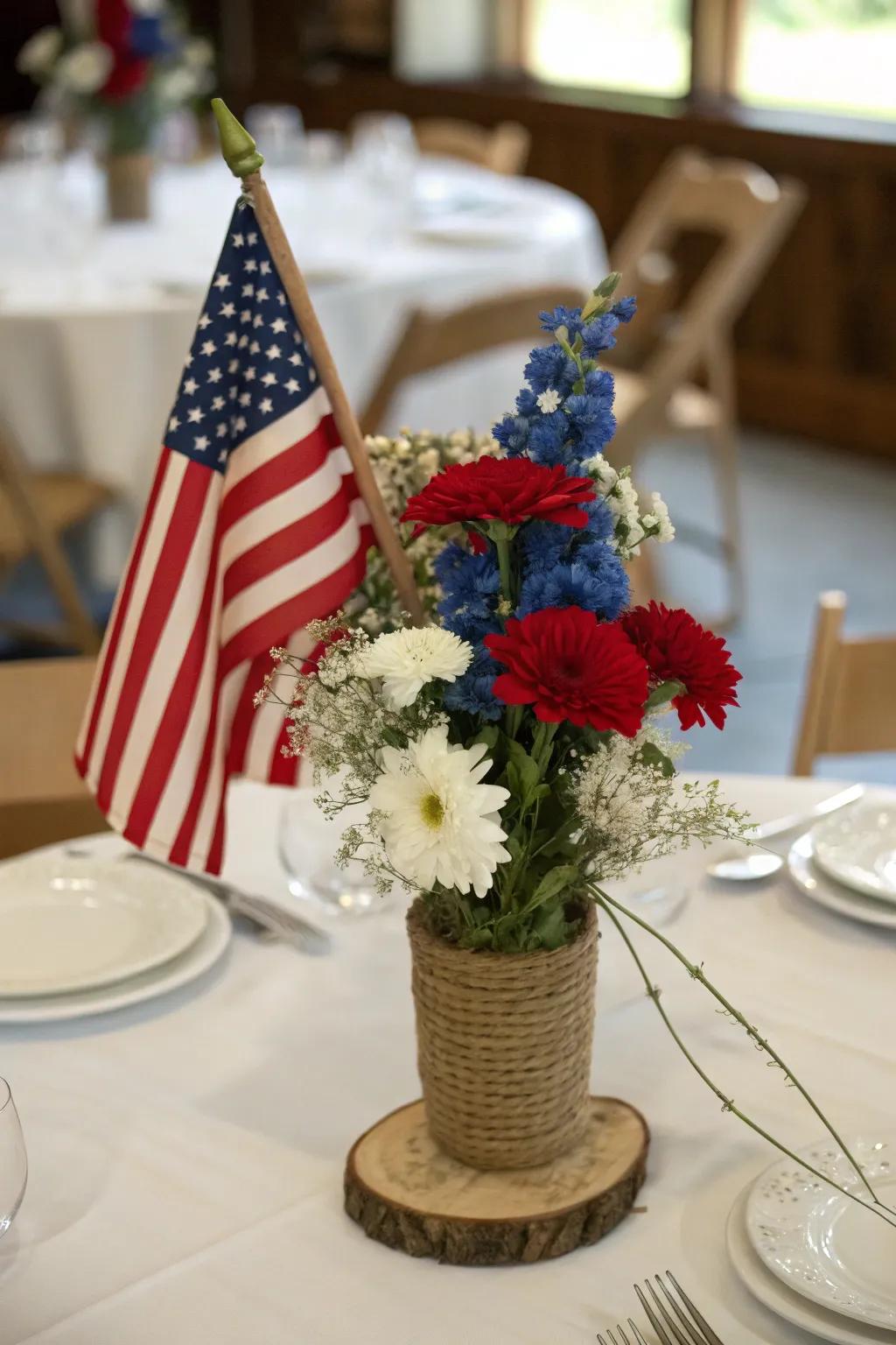A timeless American flag centerpiece featuring a rustic accent.