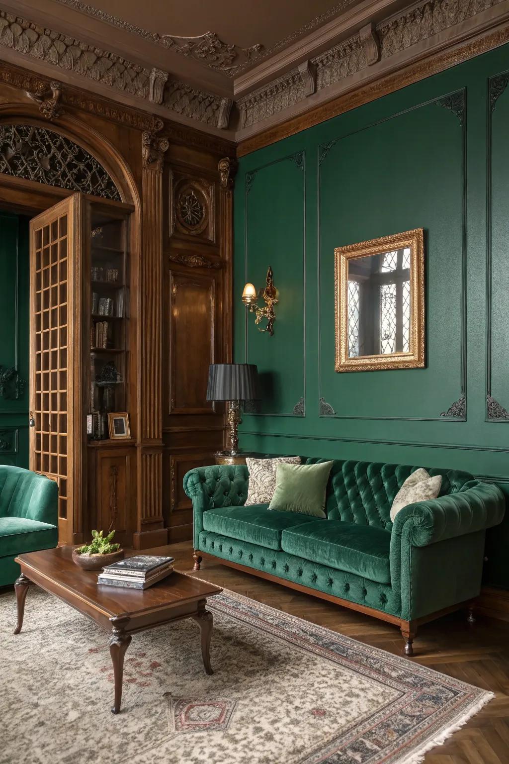 A refined living area decorated with forest green walls and luxurious furnishings.