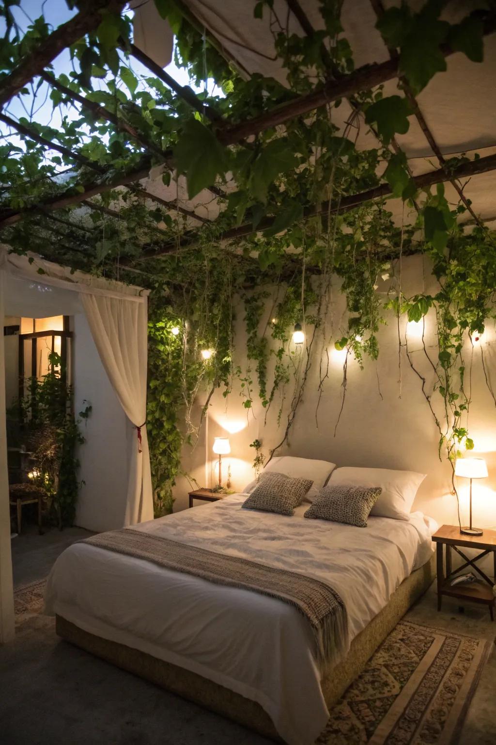 Design an enchanting retreat with an overhead vine arrangement.