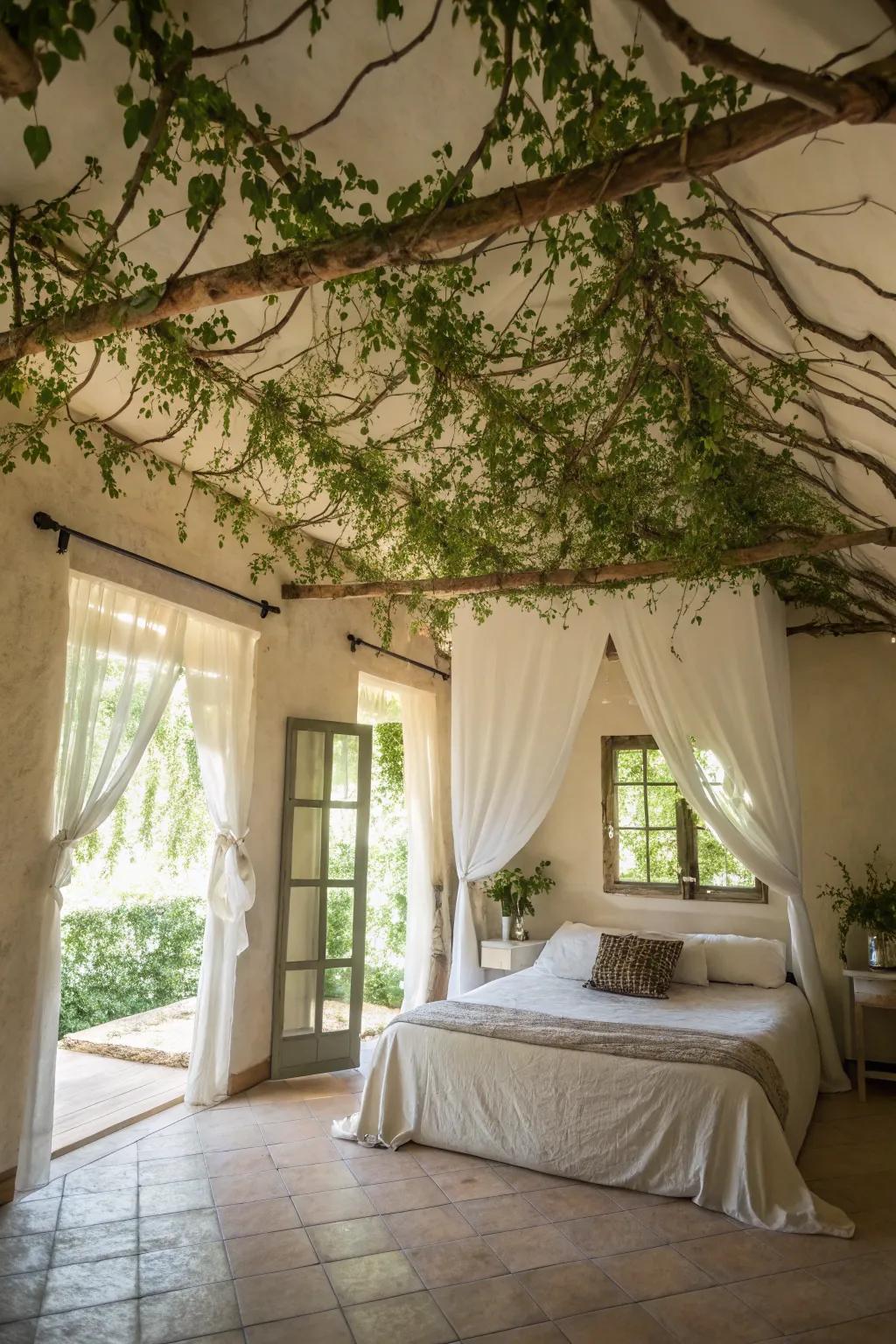 A bedroom transformed with a canopy of vines for a dreamy atmosphere.