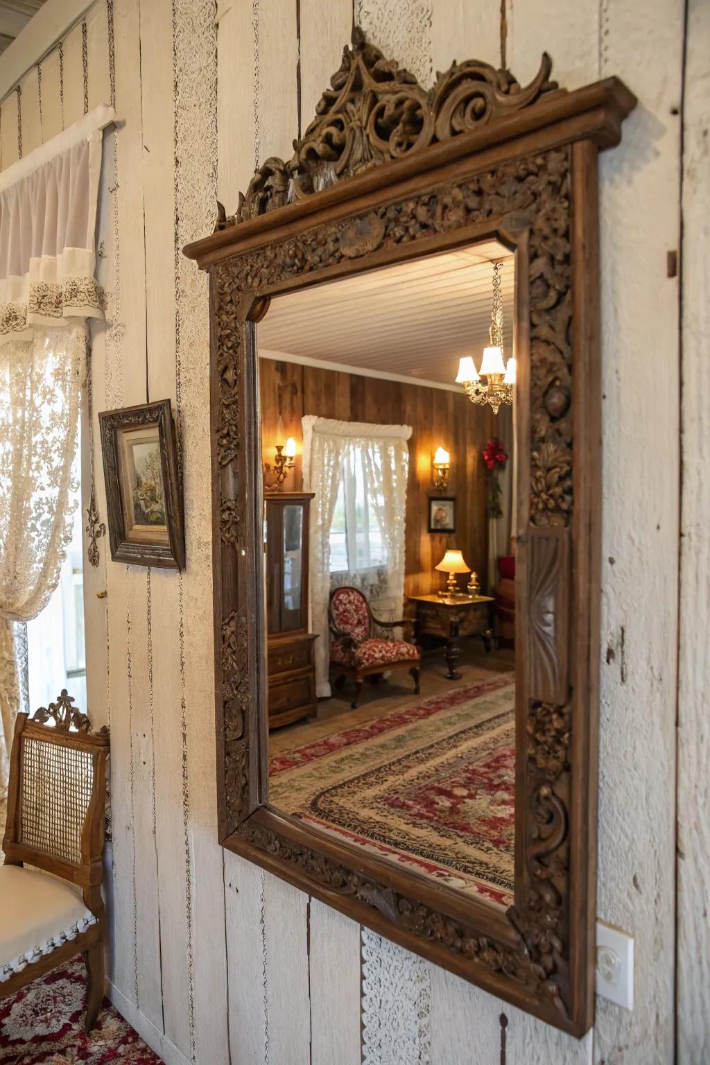 A classic mirror enhances the refinement of this vintage-inspired area.