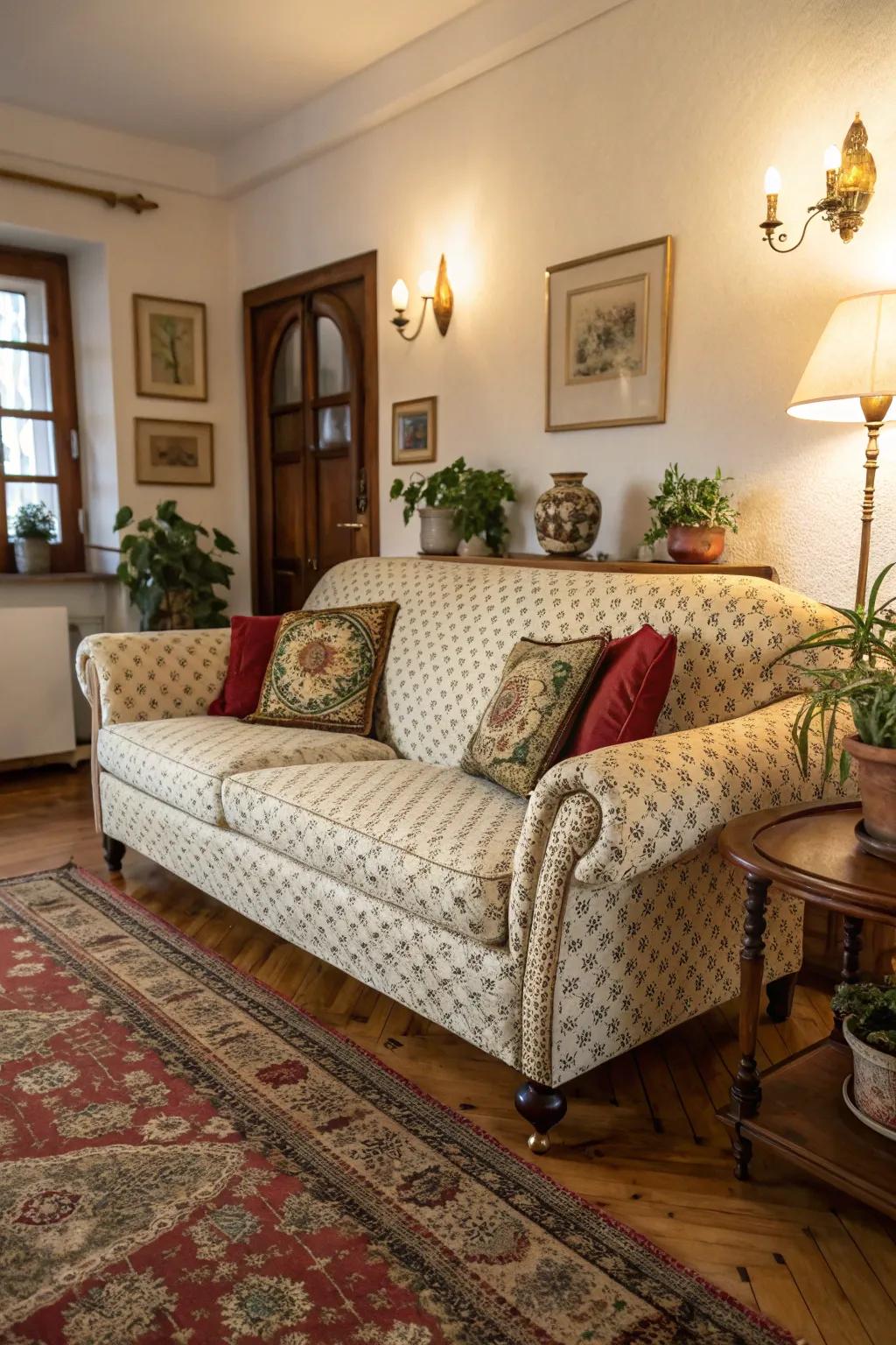 A vintage couch featuring classic upholstery, serving as the focal point in a welcoming living room.