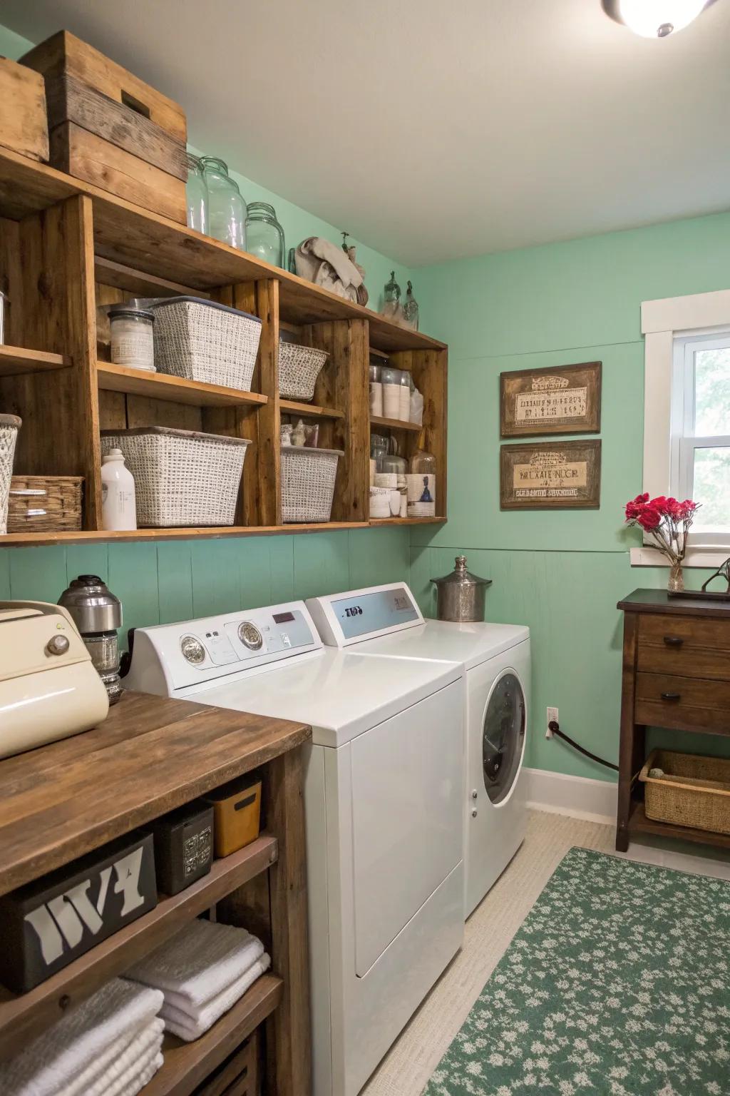 A laundry room featuring tranquil seafoam green walls and retro decorative items.