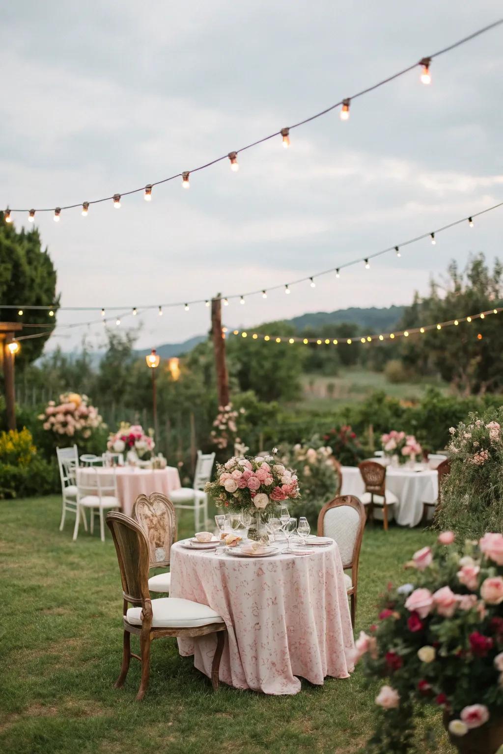 A charming vintage garden party setup with string lights and floral accents.