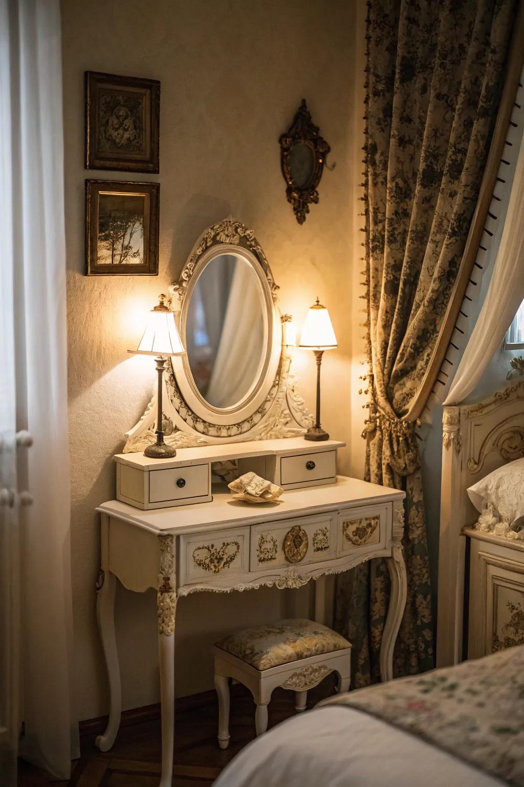 An ornate mirror gives a classic touch to any vintage vanity.