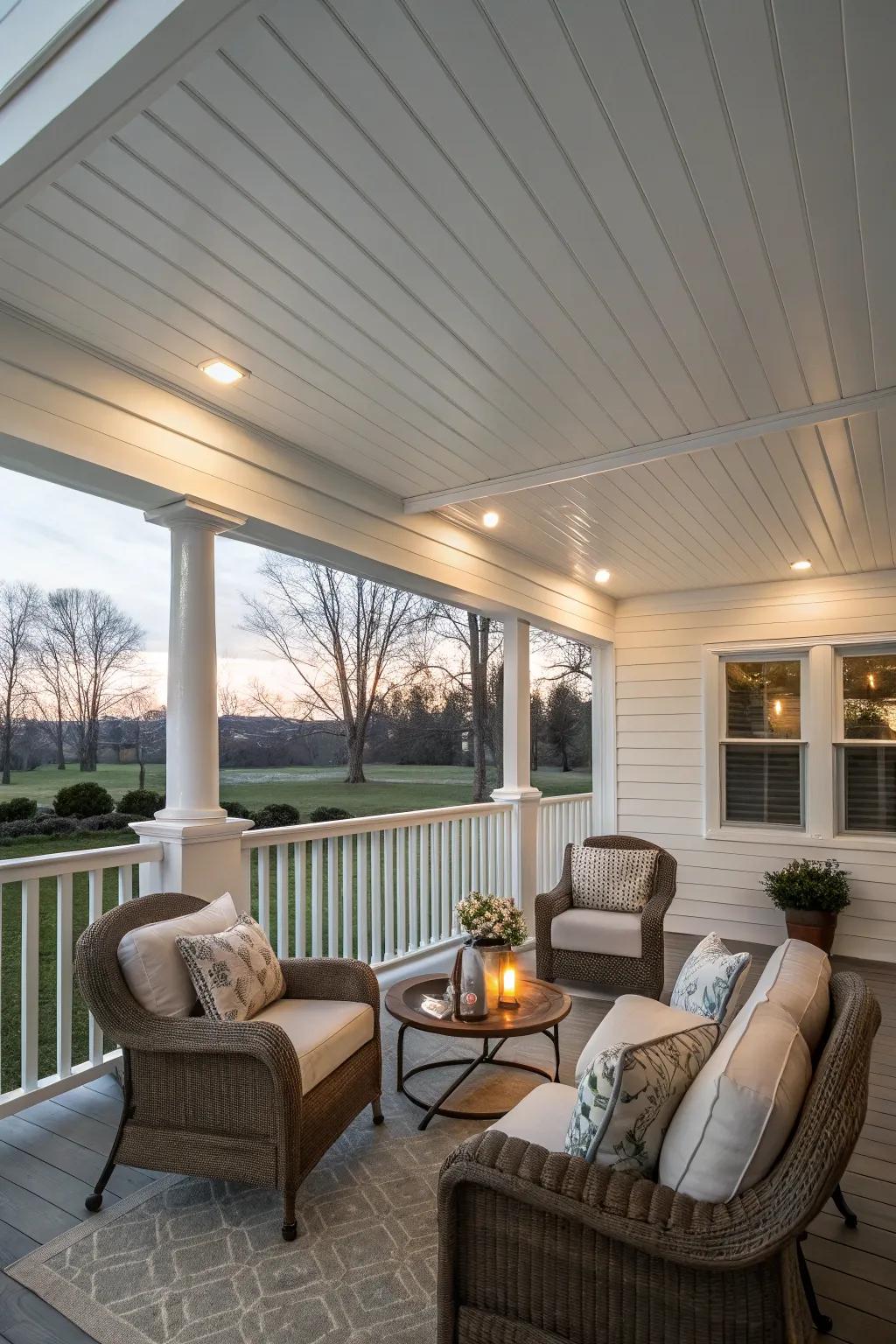 Timeless white vinyl sheeting imbues a contemporary, fresh feel to your porch.