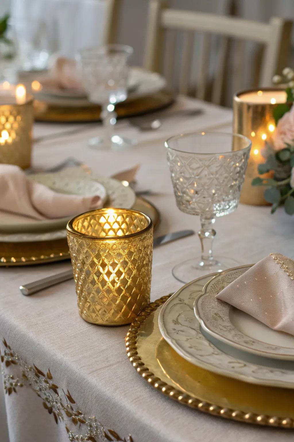 Gold votive cases contribute a hint of luxury to any table arrangement.
