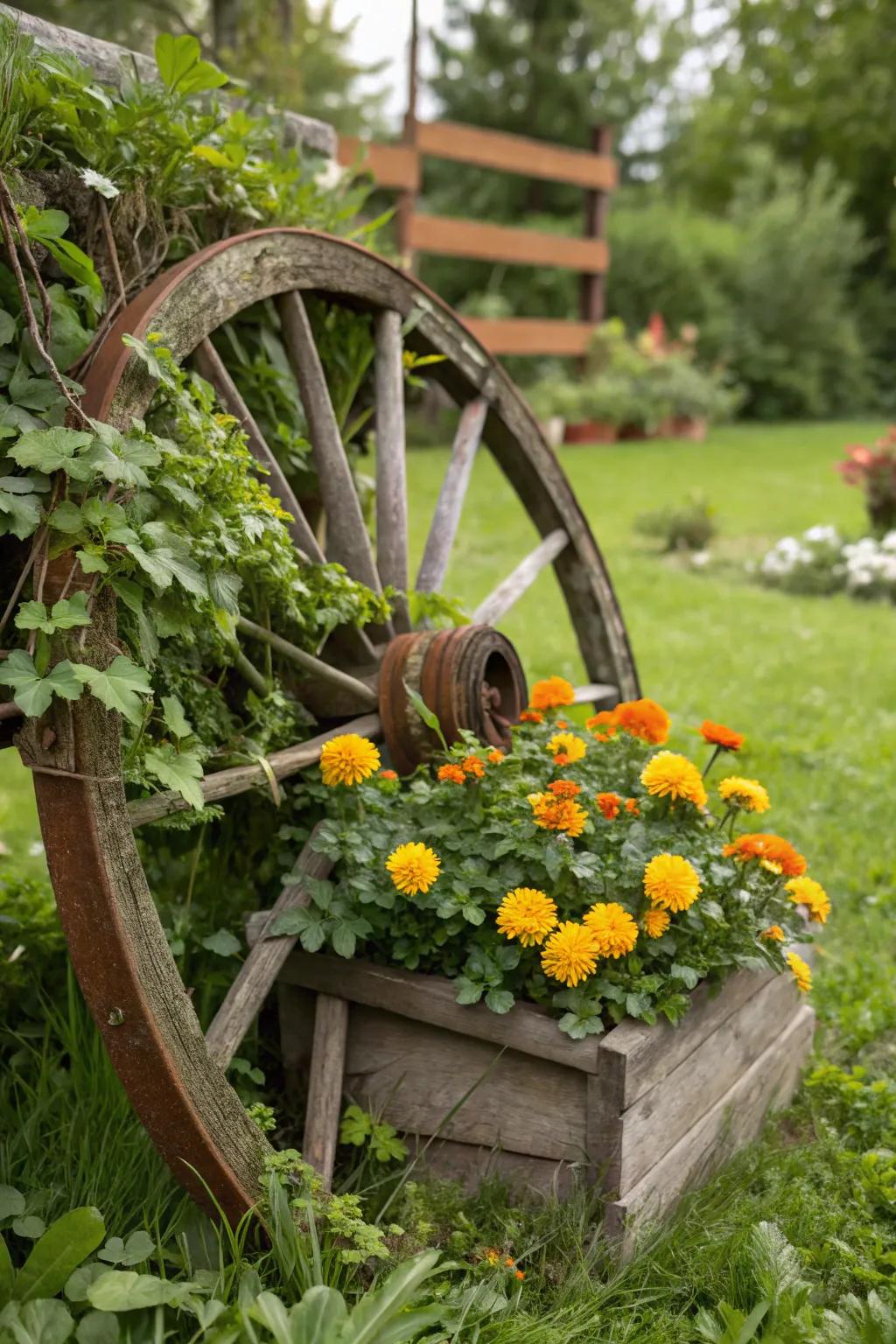 A wagon wheel planter adorned with vibrant marigolds and trailing ivy.